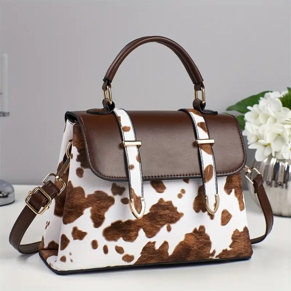 Brown Cow Print Vegan Leather Satchel Crossbody Bag - Picture 6 of 6